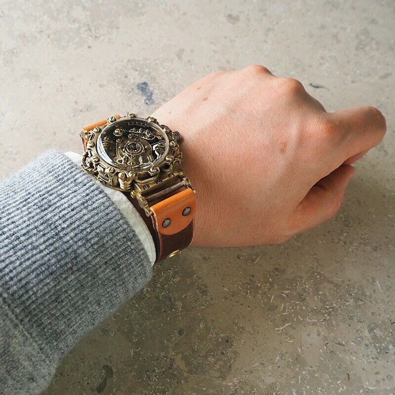 Japanese Handmade Steampunk Watch • Brass-Leather Wrist Watches