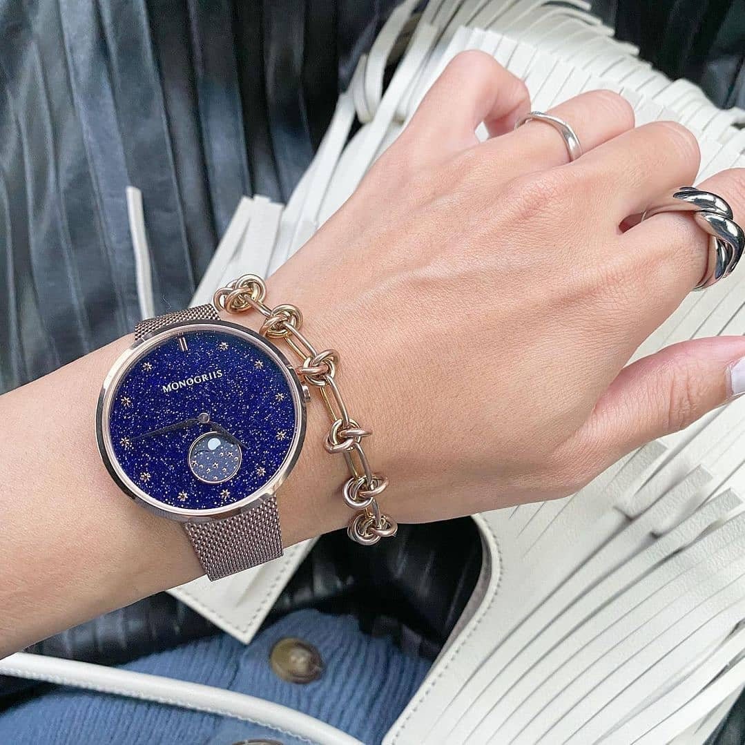 Japanese Watch with Moon Phase Calendar "Monogriis" • Large Round Wrist Watches for Men/Women • Stars, Space, Cosmos, Moon, Romantic - Kamaji Market