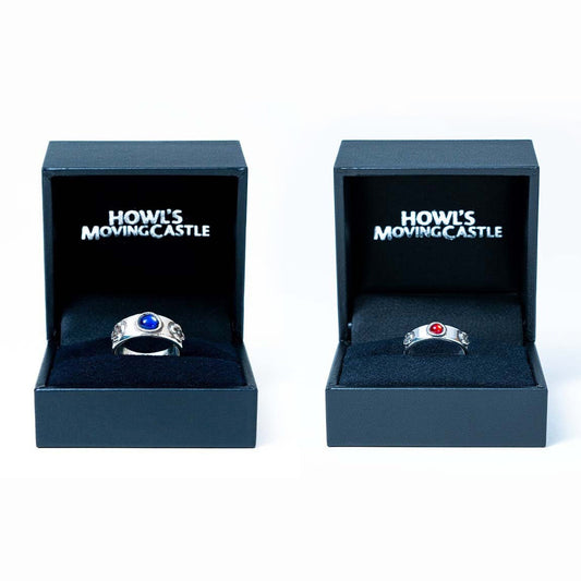 Official Ghibli Silver Howls Ring Set • Howls Moving Castle Engraved Blue/Red Ring in Gift Box • Japanese Handmade Jewelry