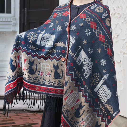 Official Ghibli Kikis Delivery Service 2025 •  Blue, Gray Jacquard Stole with Jiji cat