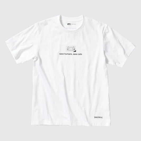 Haruki Murakami "Save humans, save cats" White T-Shirt • Murakami Peace for All UT • Official Japanese Merchandise Art Gift - Kamaji Market