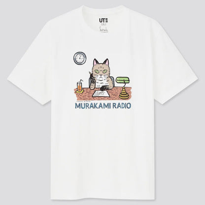 Original Haruki Murakami "Murakami RADIO" White T-shirt • Murakami RADIO UT White Tees with Cat • Japanese Art Merchandise Gift