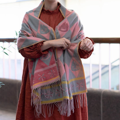 Original Ghibli Shoulder Shawl • Howls Moving Castle Jacquard Stole/Scarf/Tippet/Cape/Put-on/Muffler • Calcifer Anime Ghibli Studio Gift