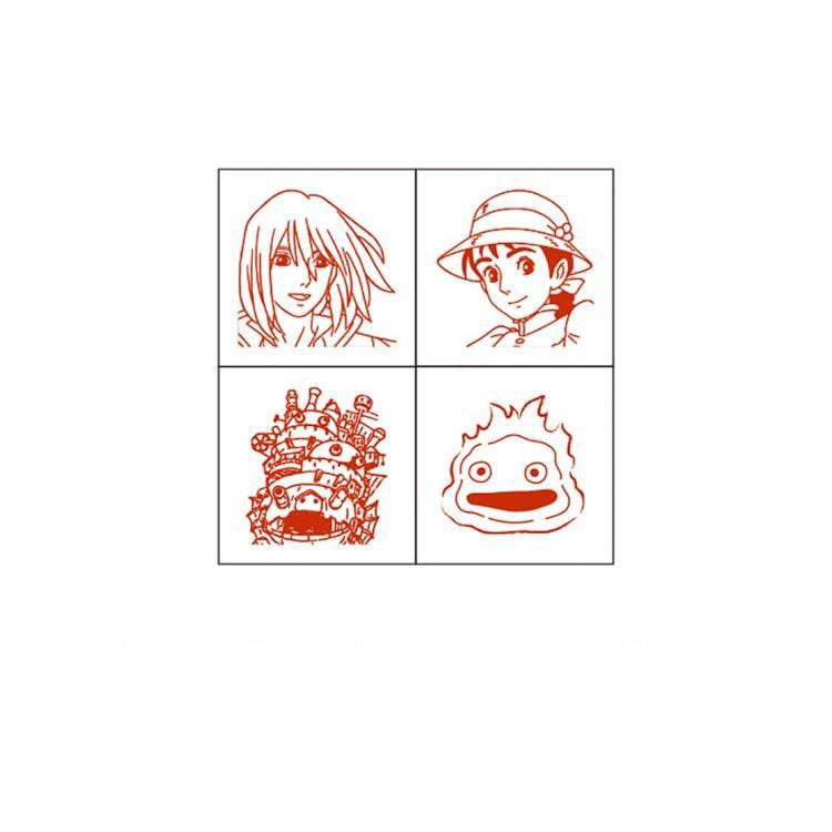 Original Ghibli Howl 4x Stamps Set • Howls Moving Castle Engraved Block with Red Ink • Calcifer, Sophie • Anime Studio Ghibli Gift