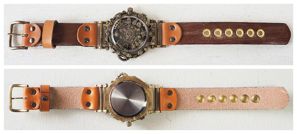 Japanese Handmade Steampunk Watch • Brass-Leather Wrist Watches • Koji Shinohara Craftsman Watch • Sci-fi, Mechanic, Victorian Futurism Gift