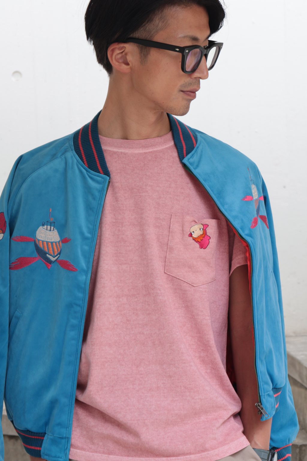 Original Ghibli Ponyo T-shirt Embroided • Ponyo on the Cliff GBL Summer Clothes/Top/Pink Tshirt with Pocket • Anime Studio Ghibli Gift