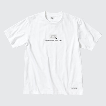 Haruki Murakami "Save humans, save cats" White T-Shirt • Murakami Peace for All UT • Original Japanese Merchandise Art Gift