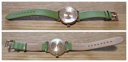 Japanese Watch Volare "Klasse14" • UFO-style Round Wrist Watches for Girl/Women • Green Leather Band • Minimalistic Geometric Design Gift