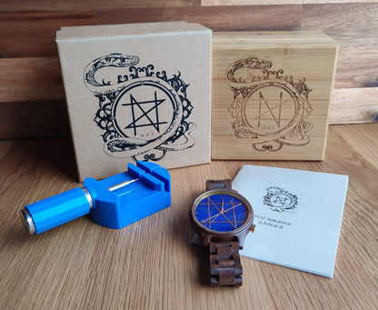 Japanese Handmade Watch "NOZ" Lapis Lazuli-Walnut • Natural Gemstone/Wood Wrist Watches • Wooden Band, Blue Stone Dial • Japan Watch Gift