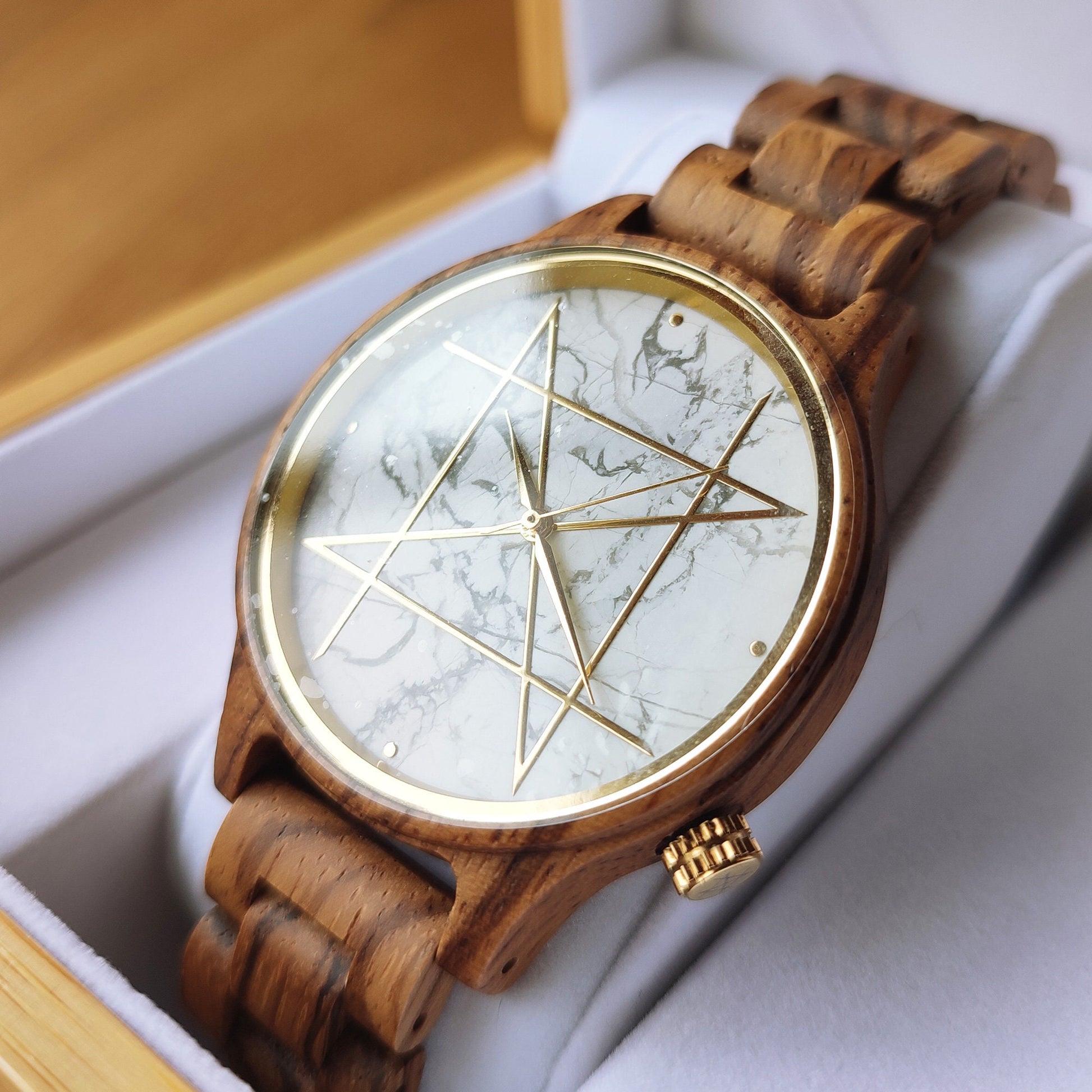 Japanese Handmade Watch "NOZ" Howlite, Zebra Wood • Natural Gemstone/Wood Wrist Watches • Wooden Band, White Stone Dial • Japan Watch Gift