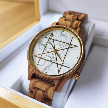 Japanese Handmade Watch "NOZ" Howlite, Zebra Wood • Natural Gemstone/Wood Wrist Watches • Wooden Band, White Stone Dial • Japan Watch Gift