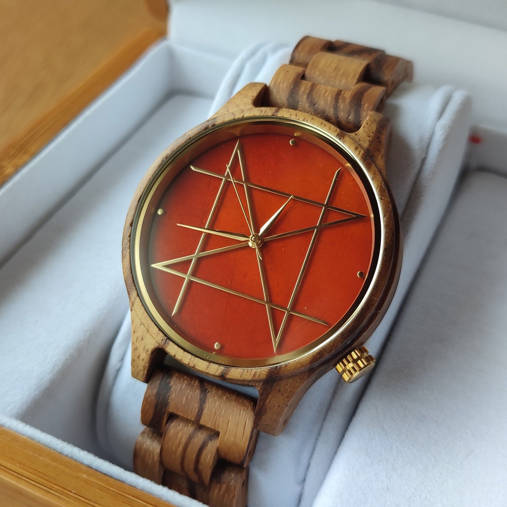 Japanese Handmade Watch "NOZ" Carnelian, Zebra Wood • Natural Gemstone/Wood Wrist Watches • Wooden Band, Red Stone Dial • Japan Watch Gift