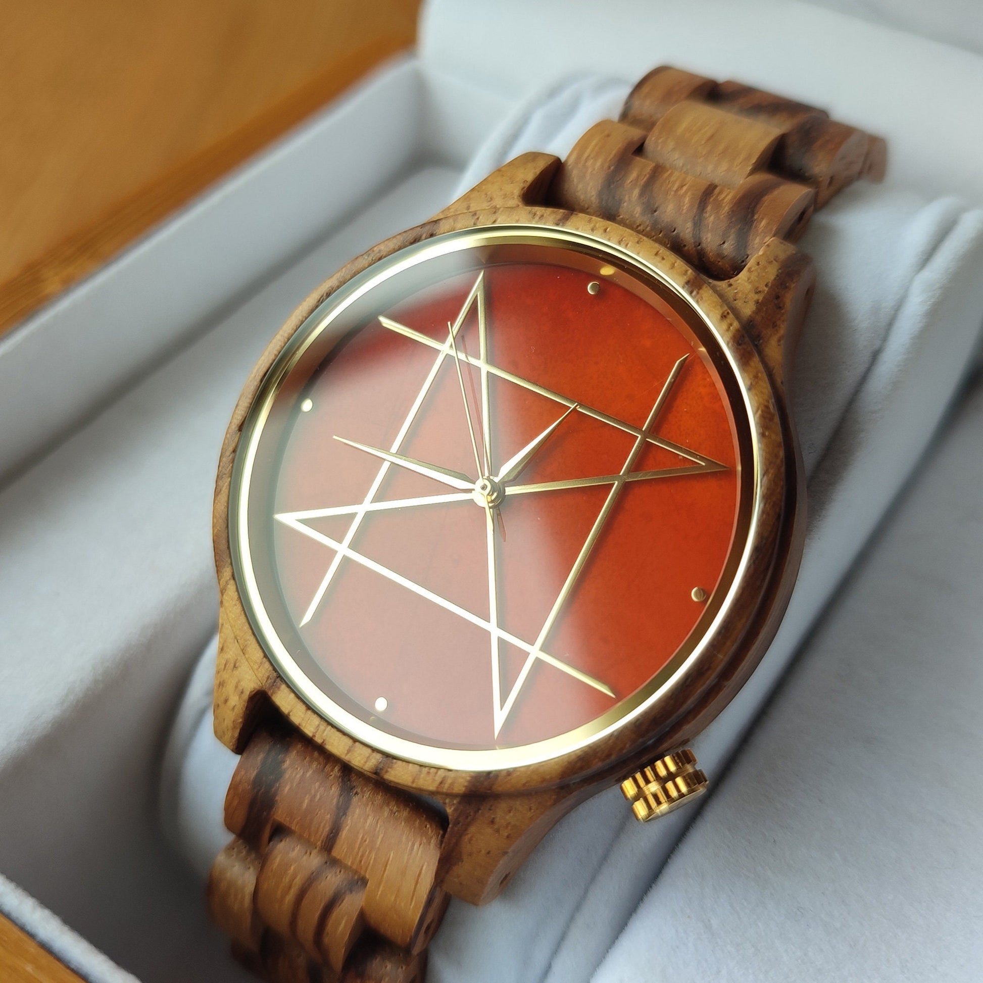 Japanese Handmade Watch "NOZ" Carnelian, Zebra Wood • Natural Gemstone/Wood Wrist Watches • Wooden Band, Red Stone Dial • Japan Watch Gift