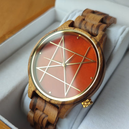 Japanese Handmade Watch "NOZ" Carnelian, Zebra Wood • Natural Gemstone/Wood Wrist Watches • Wooden Band, Red Stone Dial • Japan Watch Gift