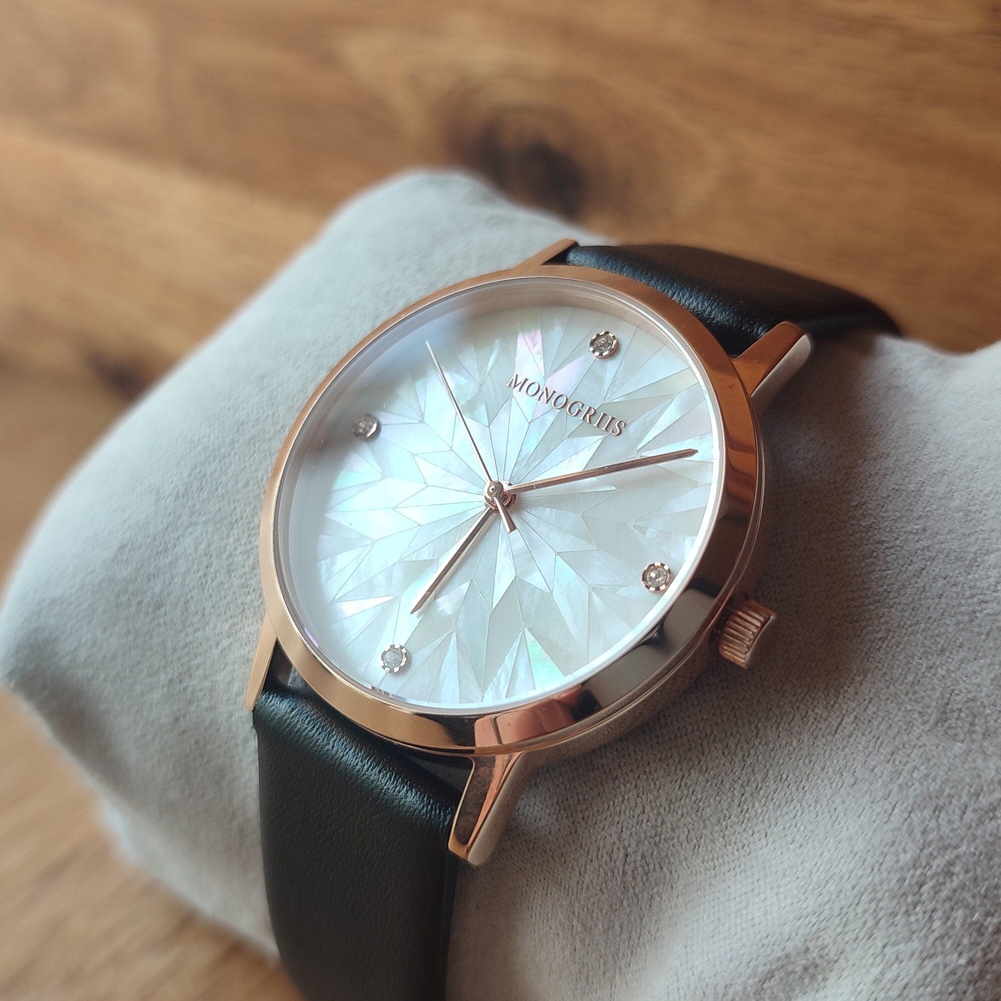 Japanese Wrist Watch Monogriis Mother of Pearl Dial Leather Band