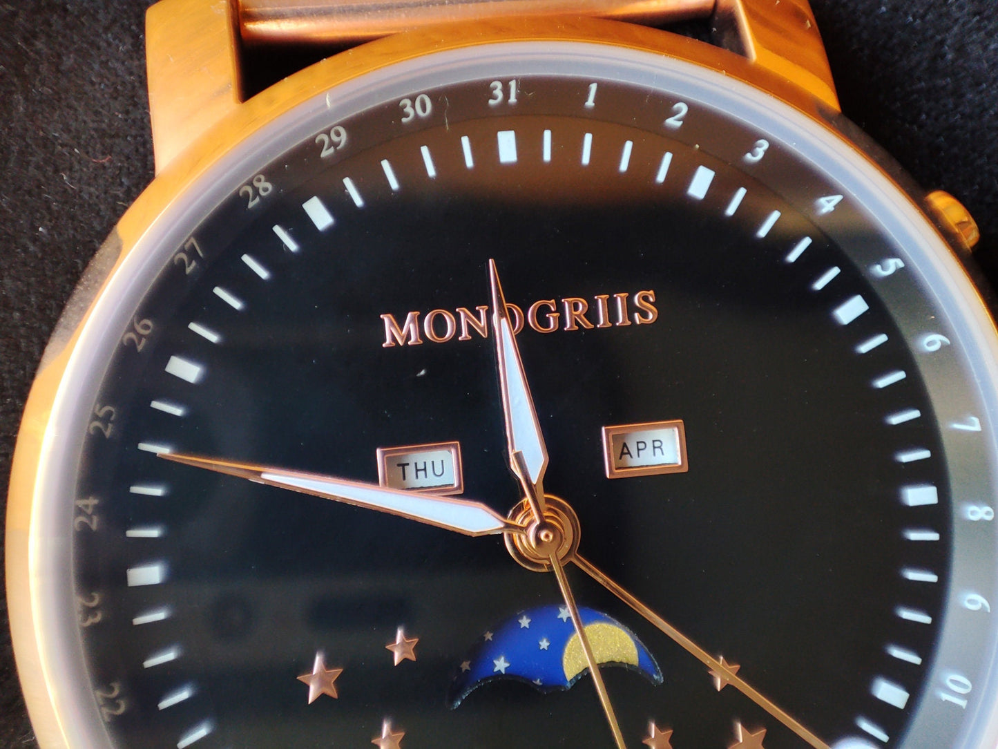 Japanese Watch with Moon Phase Calendar "Monogriis" • Black Onyx Wrist Watches for Men/Women • Stars, Space, Cosmos, Moon, Romantic