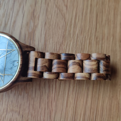 Japanese Handmade Watch "NOZ" Howlite, Zebra Wood • Natural Gemstone/Wood Wrist Watches • Wooden Band, White Stone Dial • Japan Watch Gift