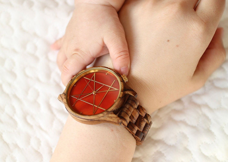 Japanese Handmade Watch "NOZ" Carnelian, Zebra Wood • Natural Gemstone/Wood Wrist Watches • Wooden Band, Red Stone Dial • Japan Watch Gift