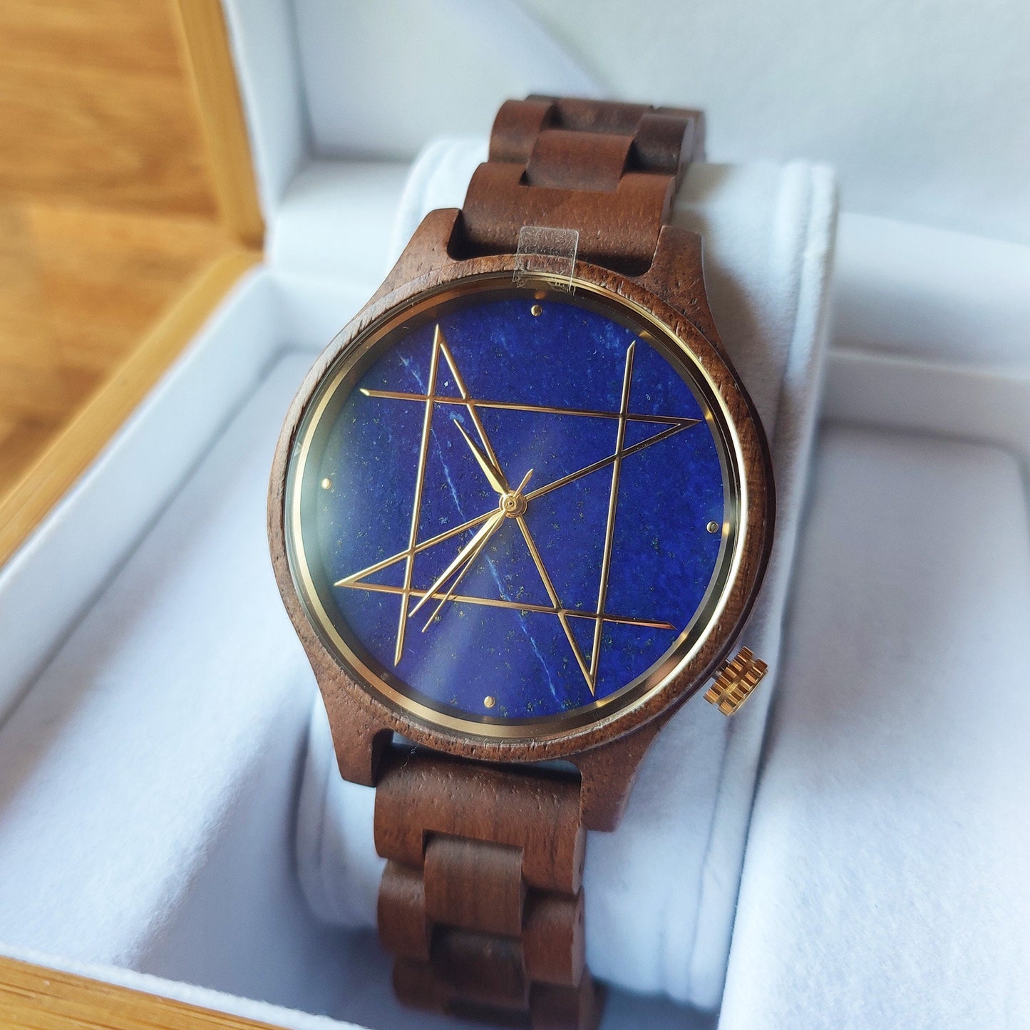 Japanese Handmade Watch "NOZ" Lapis Lazuli-Walnut • Natural Gemstone/Wood Wrist Watches • Wooden Band, Blue Stone Dial • Japan Watch Gift