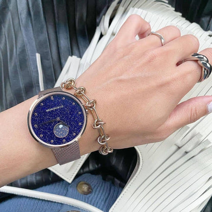 Japanese Watch with Moon Phase Calendar "Monogriis" • Large Round Wrist Watches for Men/Women • Stars, Space, Cosmos, Moon, Romantic