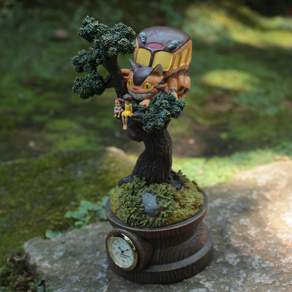 Official Ghibli Totoro Desk Clock with Catbus • My Neighbor Totoro Figure/Statue/Home Decor • Interior Diorama Clock On a Pine Tree