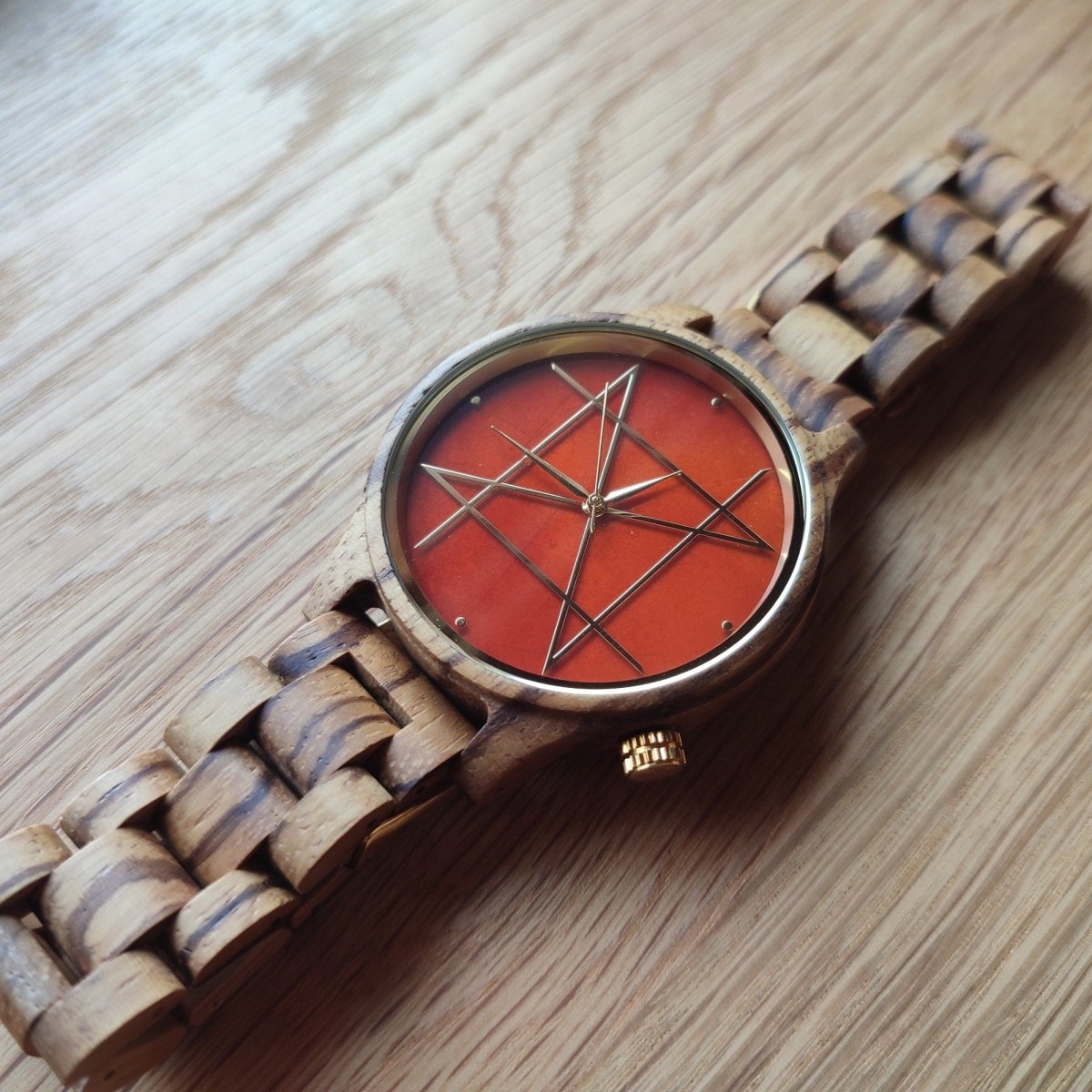 Japanese Handmade Wrist Watch "NOZ" • Made of Carnelian, Zebra Wood • Swiss Movement - Kamaji Market