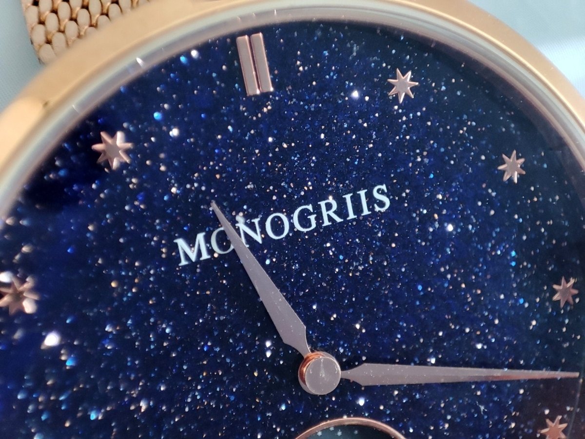 Japanese Watch with Moon Phase Calendar "Monogriis" • Large Round Wrist Watches for Men/Women • Stars, Space, Cosmos, Moon, Romantic - Kamaji Market