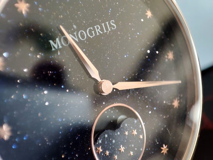 Japanese Watch with Moon Phase Calendar "Monogriis" • Large Round Wrist Watches for Men/Women • Stars, Space, Cosmos, Moon, Romantic - Kamaji Market