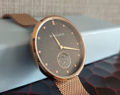 Japanese Watch with Moon Phase Calendar "Monogriis" • Large Round Wrist Watches for Men/Women • Stars, Space, Cosmos, Moon, Romantic - Kamaji Market