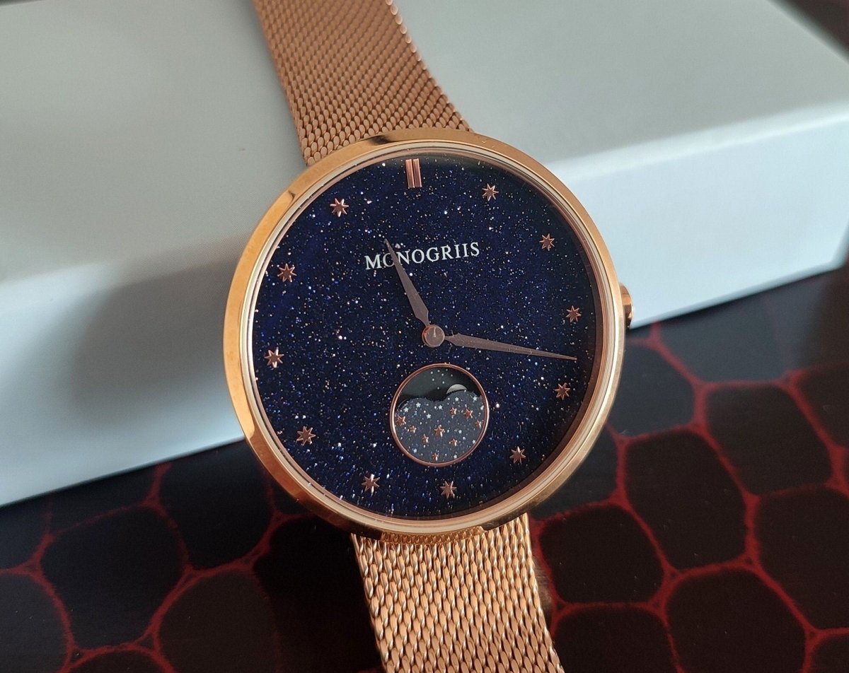 Japanese Watch with Moon Phase Calendar "Monogriis" • Large Round Wrist Watches for Men/Women • Stars, Space, Cosmos, Moon, Romantic - Kamaji Market