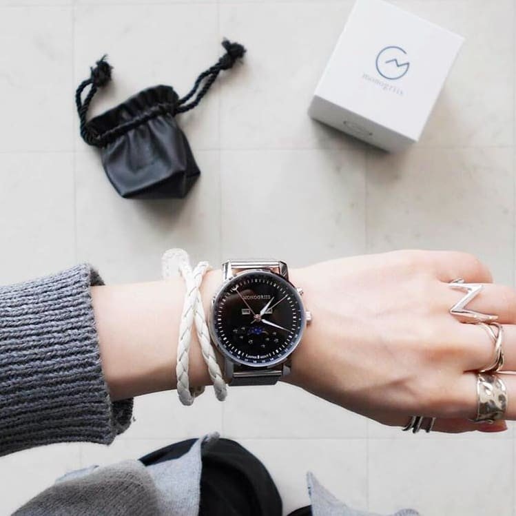 Japanese Wrist Watch "Monogriis" • Black Onyx Dial with Moon Phase Calendar - Kamaji Market