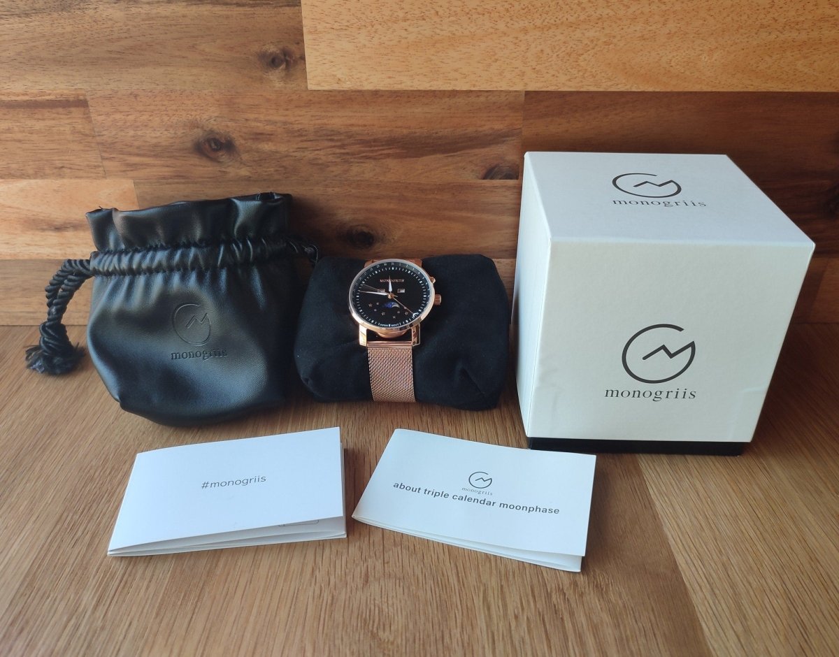 Japanese Wrist Watch "Monogriis" • Black Onyx Dial with Moon Phase Calendar - Kamaji Market