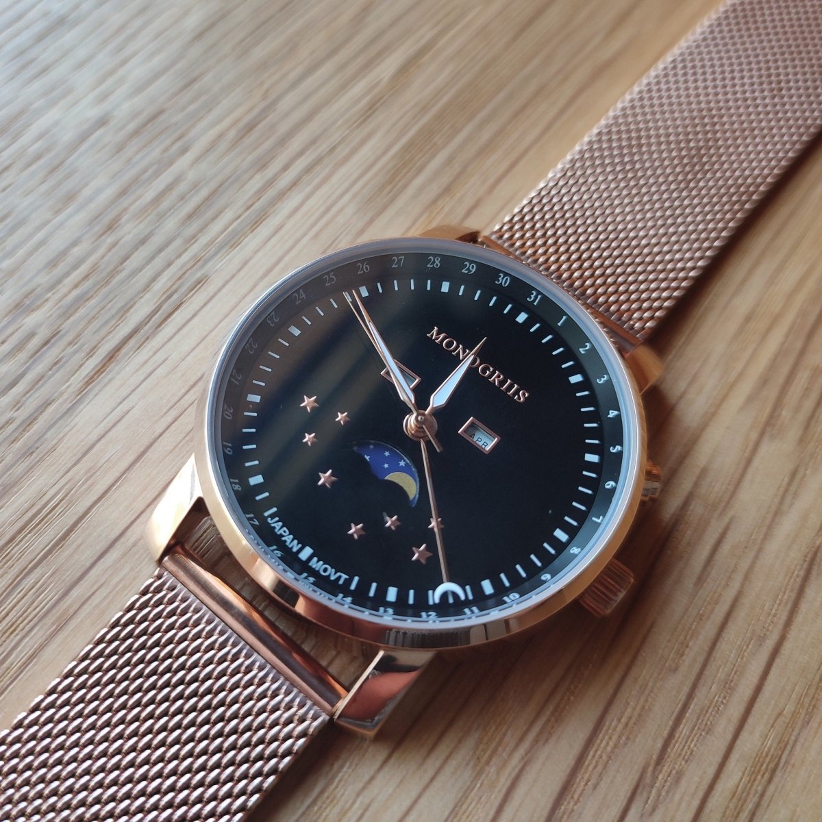 Japanese Wrist Watch "Monogriis" • Black Onyx Dial with Moon Phase Calendar - Kamaji Market