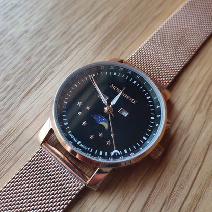 Japanese Wrist Watch "Monogriis" • Black Onyx Dial with Moon Phase Calendar - Kamaji Market