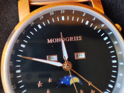 Japanese Wrist Watch "Monogriis" • Black Onyx Dial with Moon Phase Calendar - Kamaji Market
