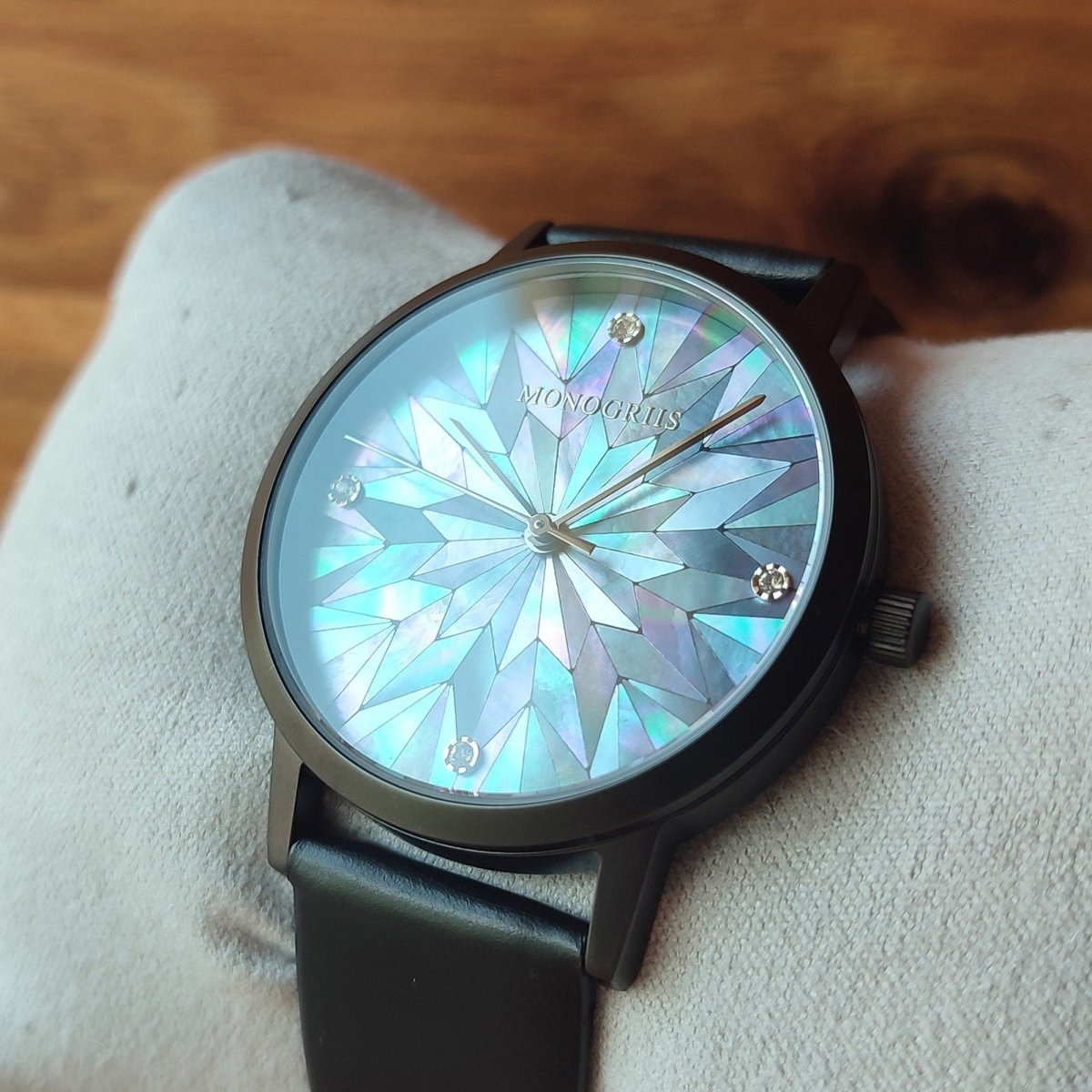 Japanese Wrist Watch "Monogriis" • Mother of Pearl Dial, Leather Band - Kamaji Market
