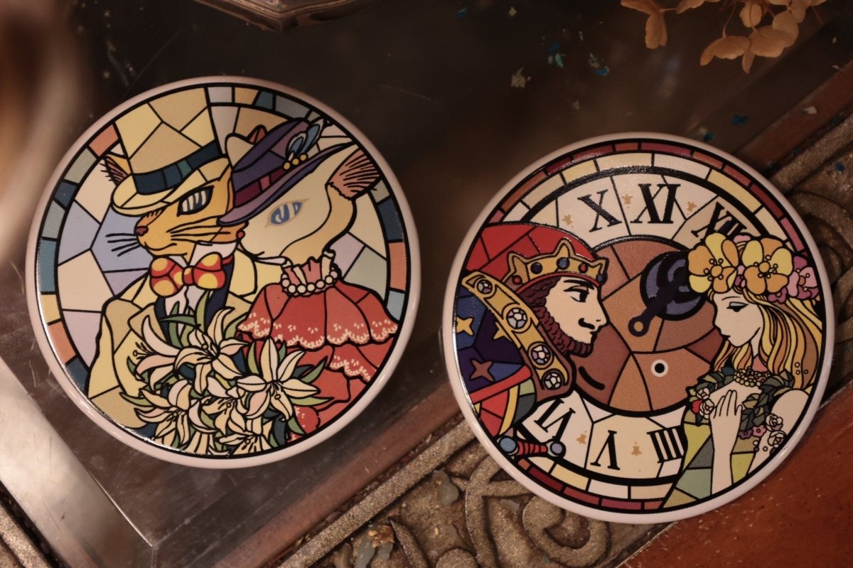 Official Ghibli Ceramic Coasters Set of 2 • Whisper of the Heart Mat/Beermat/Drink Coaster • Baron/Dwarf King/Elf Queen • Stained Glass Gift - Kamaji Market