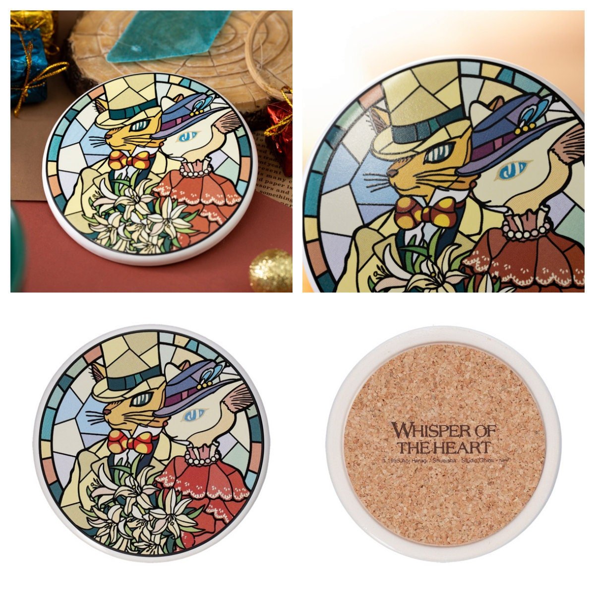 Official Ghibli Ceramic Coasters Set of 2 • Whisper of the Heart Mat/Beermat/Drink Coaster • Baron/Dwarf King/Elf Queen • Stained Glass Gift - Kamaji Market