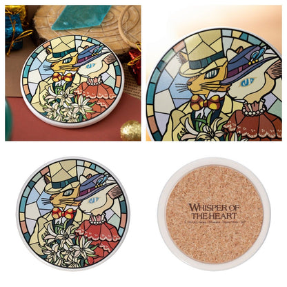Official Ghibli Ceramic Coasters Set of 2 • Whisper of the Heart Mat/Beermat/Drink Coaster • Baron/Dwarf King/Elf Queen • Stained Glass Gift - Kamaji Market