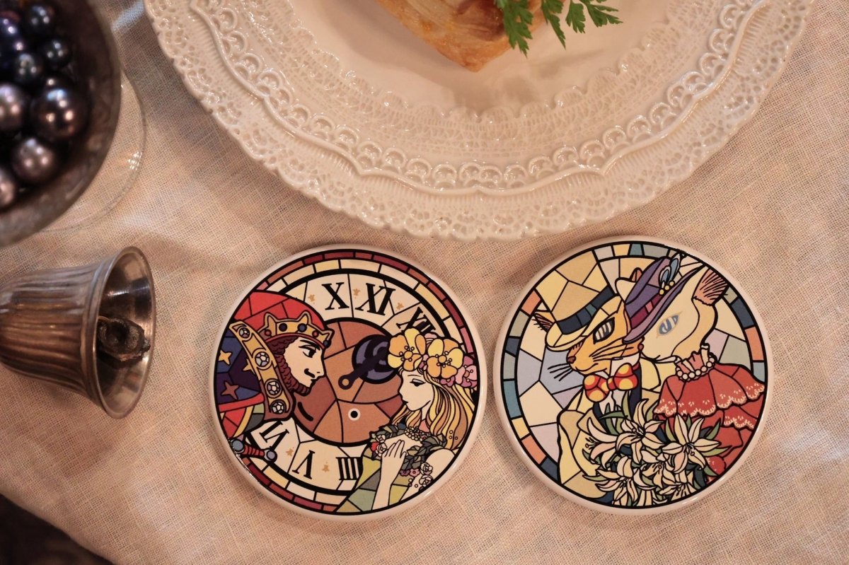 Official Ghibli Ceramic Coasters Set of 2 • Whisper of the Heart Mat/Beermat/Drink Coaster • Baron/Dwarf King/Elf Queen • Stained Glass Gift - Kamaji Market