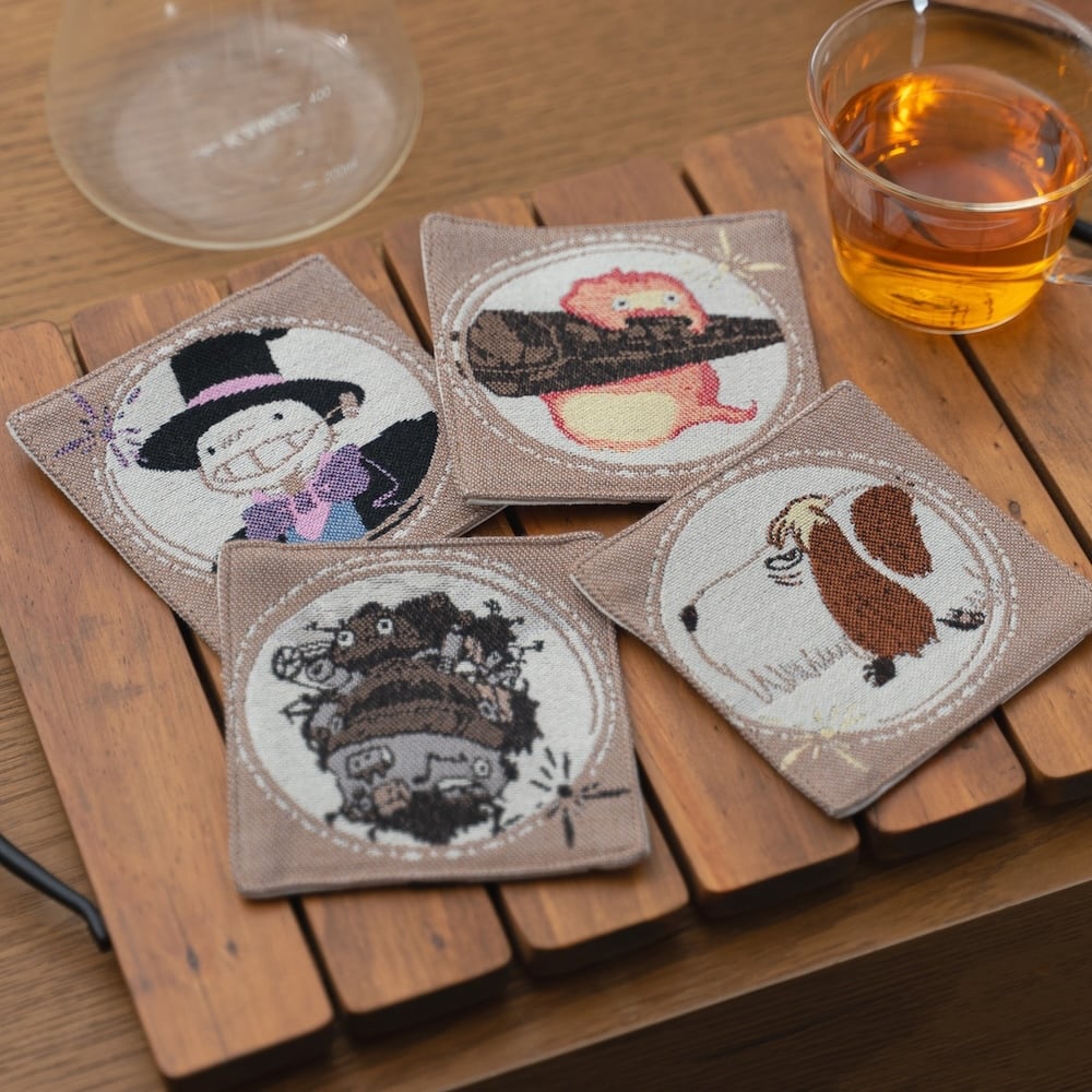 Official Ghibli Howl Coaster Set of 4 • Howls Moving Castle Mat/Beermat/Drink Coaster • Calcifer Hin Kakashi - Kamaji Market