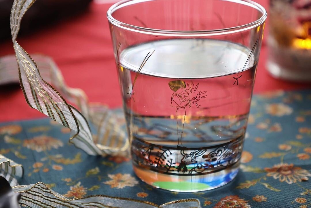 Official Ghibli Howls Moving Castle Golden Glass/Cup with Howl, Sophie, Calcifer - Kamaji Market