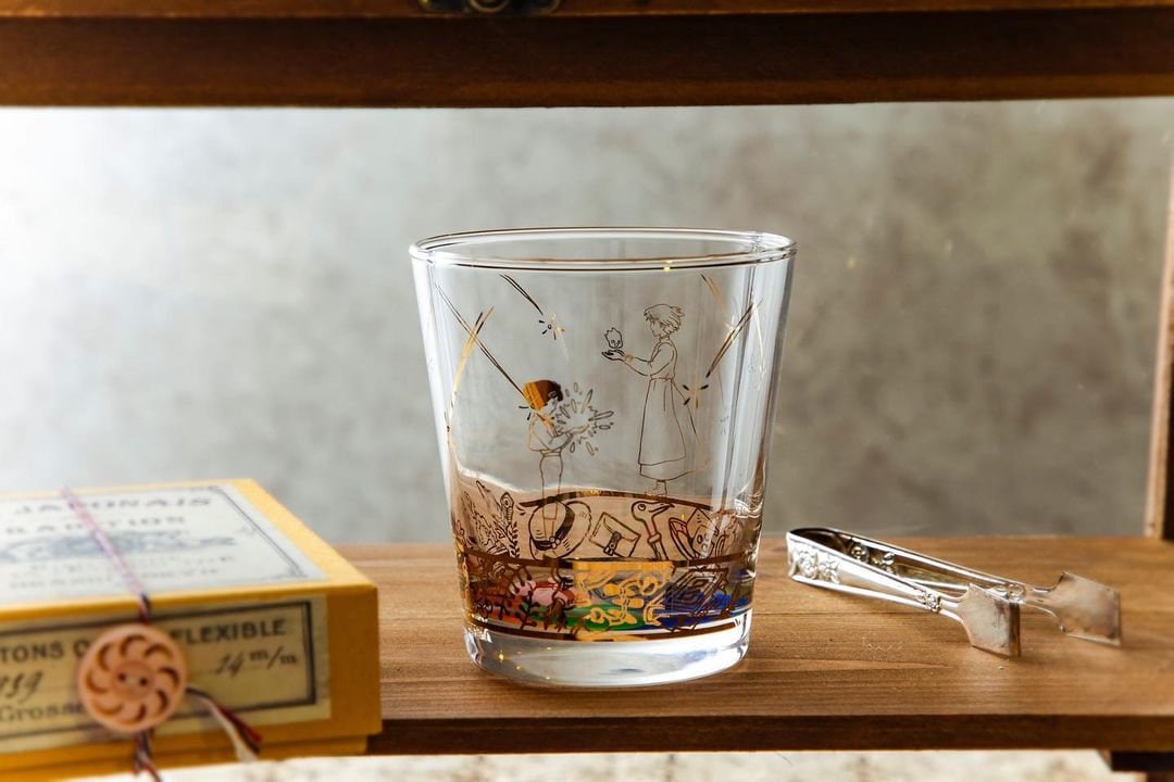 Official Ghibli Howls Moving Castle Golden Glass/Cup with Howl, Sophie, Calcifer - Kamaji Market