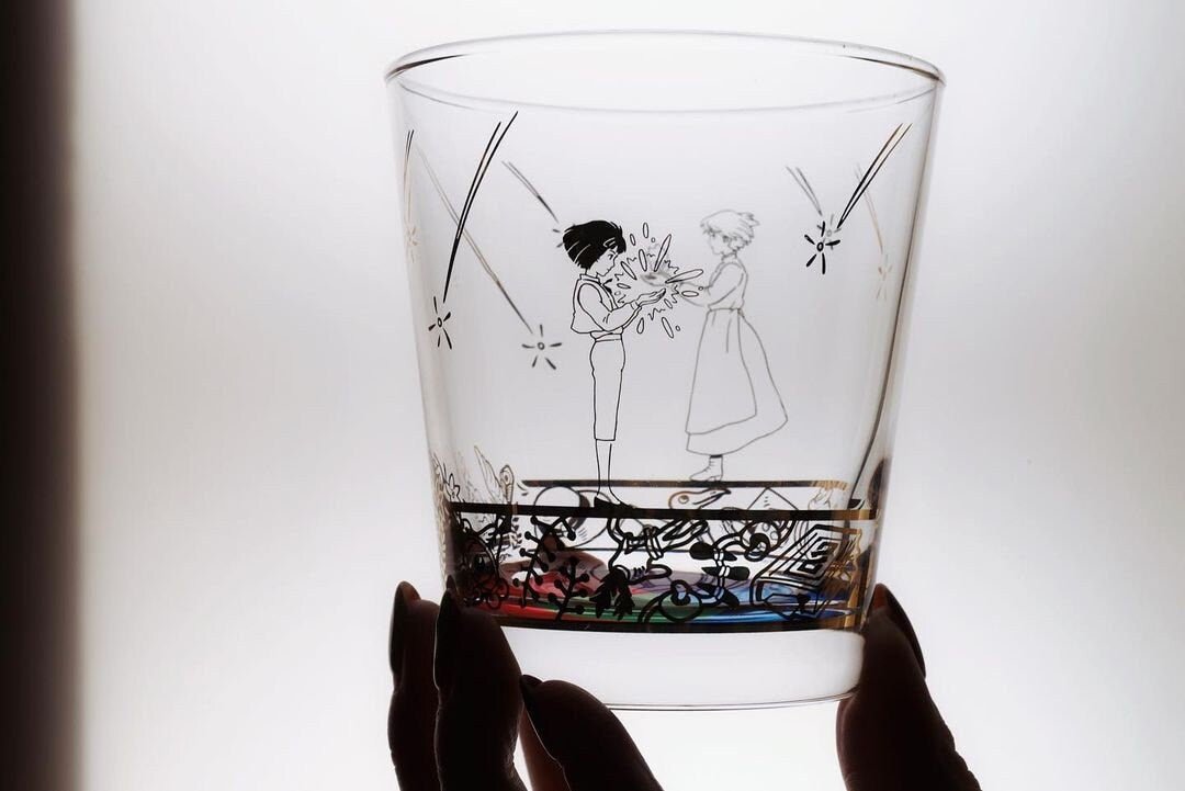 Official Ghibli Howls Moving Castle Golden Glass/Cup with Howl, Sophie, Calcifer - Kamaji Market