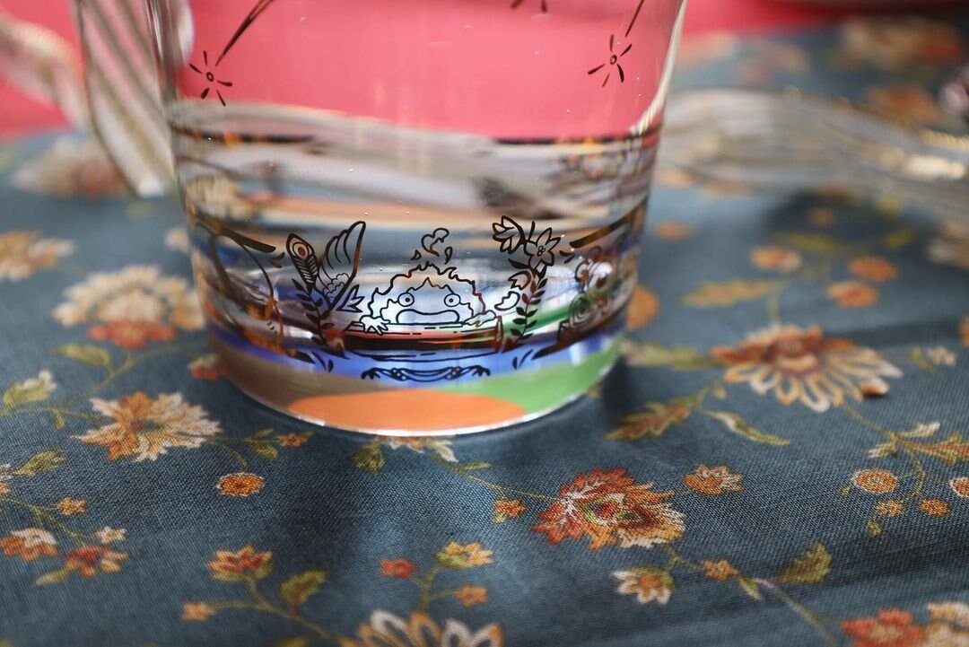 Official Ghibli Howls Moving Castle Golden Glass/Cup with Howl, Sophie, Calcifer - Kamaji Market