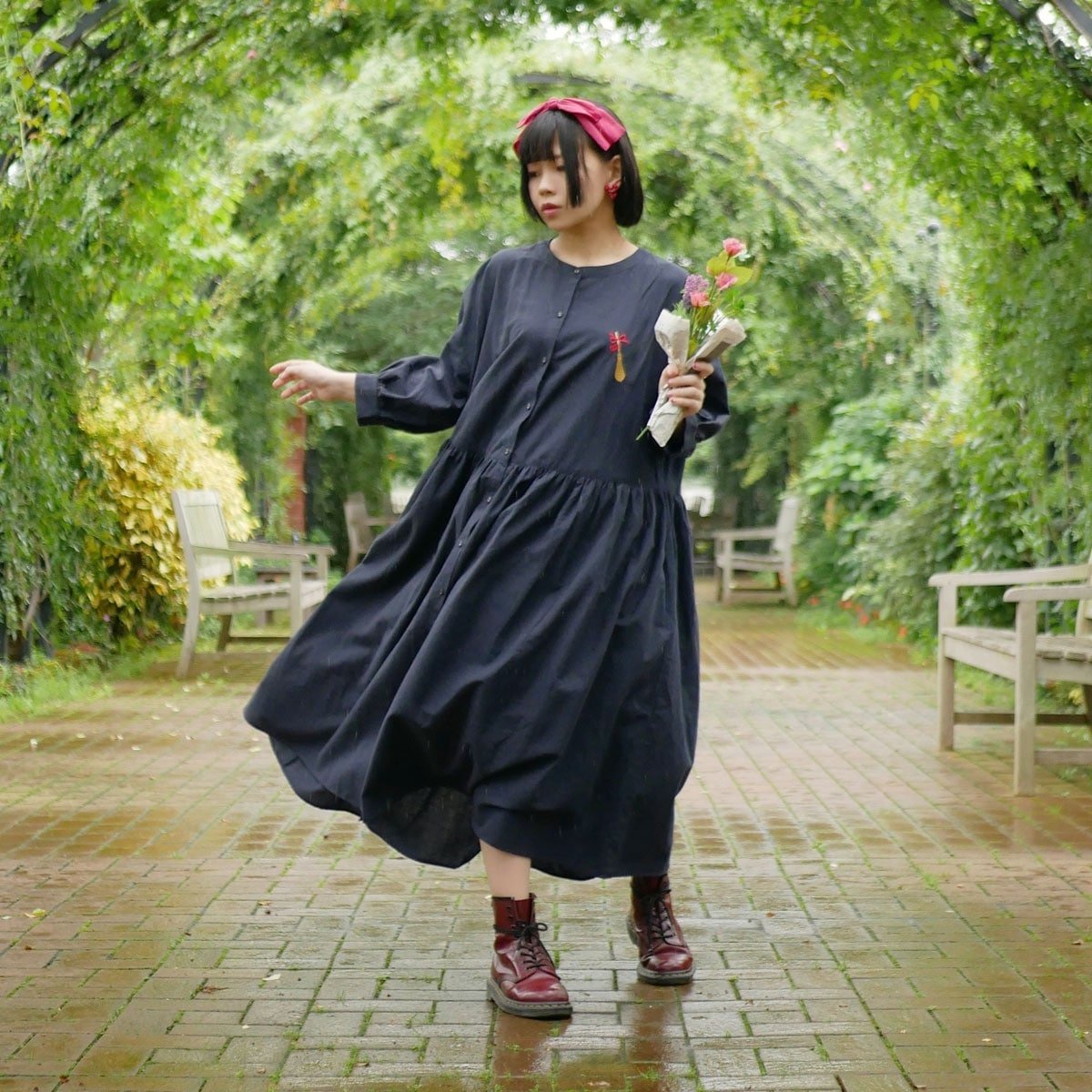 Official Ghibli Kiki Dress Cotton-Hemp • Kikis Delivery Service Clothes/Frock/Robe/Dressing Gown • Jiji Witch Anime Dark Blue