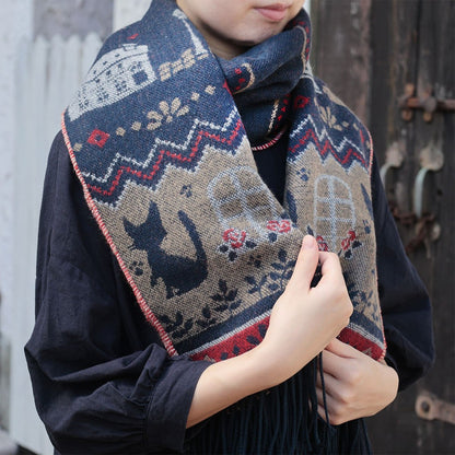 Official Ghibli Kikis Delivery Service 2025 • Blue, Gray Jacquard Stole with Jiji cat - Kamaji Market