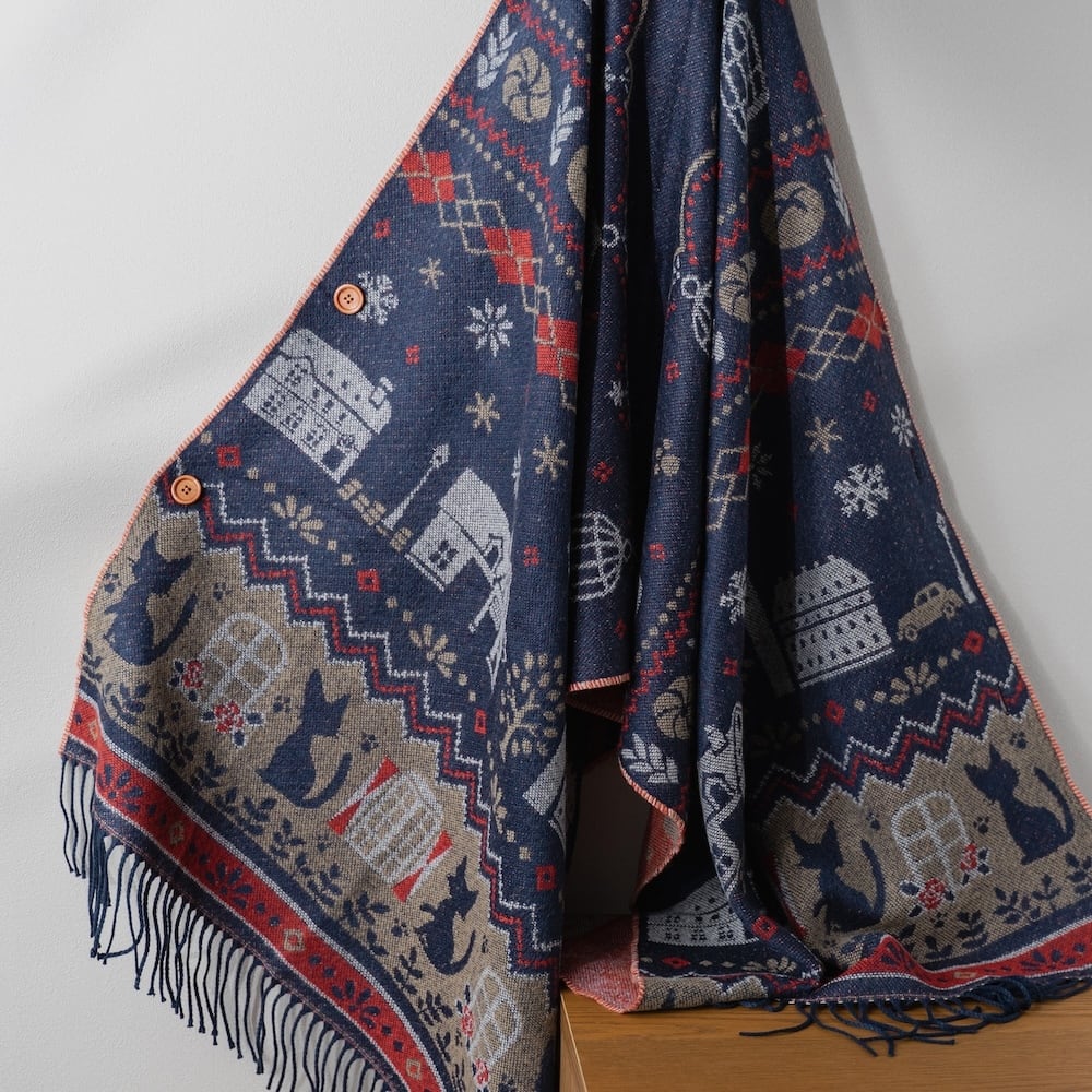 Official Ghibli Kikis Delivery Service 2025 • Blue, Gray Jacquard Stole with Jiji cat - Kamaji Market