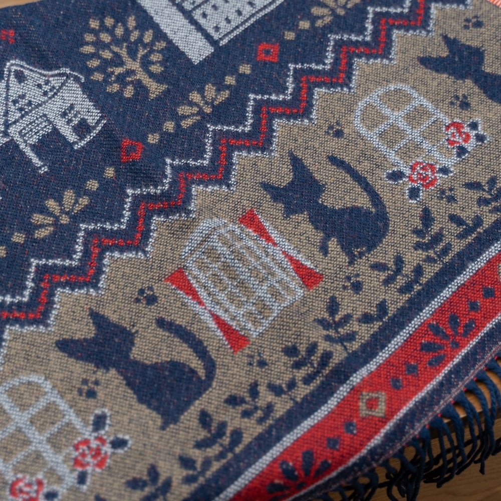 Official Ghibli Kikis Delivery Service 2025 • Blue, Gray Jacquard Stole with Jiji cat - Kamaji Market