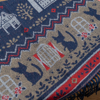 Official Ghibli Kikis Delivery Service 2025 • Blue, Gray Jacquard Stole with Jiji cat - Kamaji Market